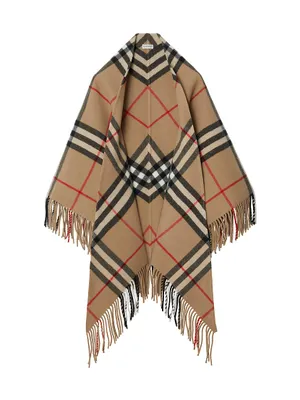 Fringed Check Wool Cape