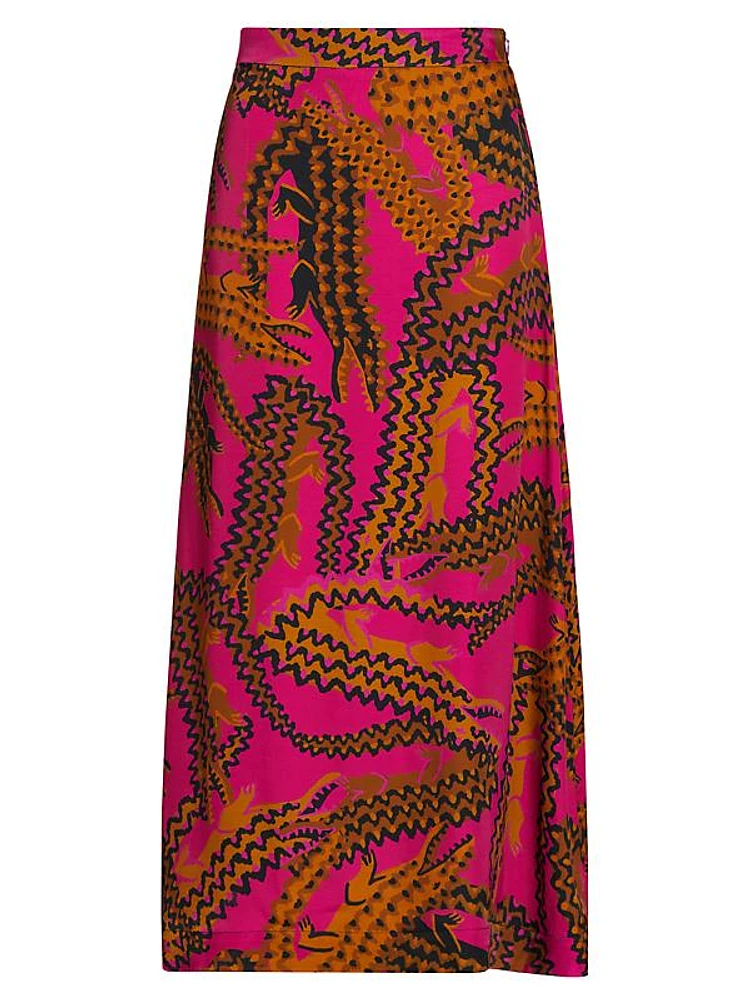 Crocodile-Print Satin Midi-Skirt