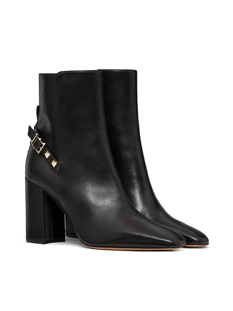 Rockstud Leather Block Heel Booties