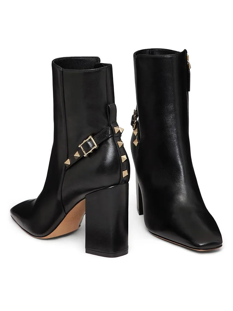 Rockstud Leather Block Heel Booties