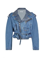 Crystal Embellished Denim Moto Jacket