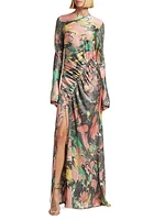 Floral Silk Charmeuse Draped Gown