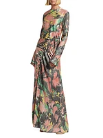 Floral Silk Charmeuse Draped Gown