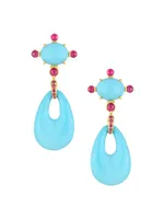 Sleeping Beauty 18K Yellow Gold, Coral Turquoise & Ruby Drop Earrings