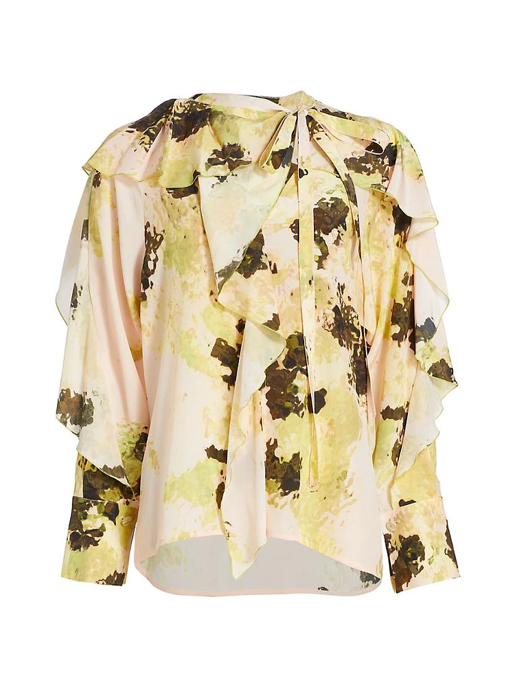 Abstract Silk Ruffle-Trimmed Blouse