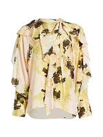 Abstract Silk Ruffle-Trimmed Blouse