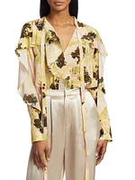 Abstract Silk Ruffle-Trimmed Blouse