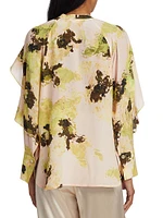 Abstract Silk Ruffle-Trimmed Blouse