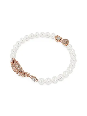 Nice Rose-Goldtone, Imitation Pearl & Swarovski Crystal Feather Charm Bracelet