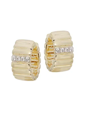 14K Yellow Gold & 0.09 TCW Diamond Fluted Huggie Hoop Earrings