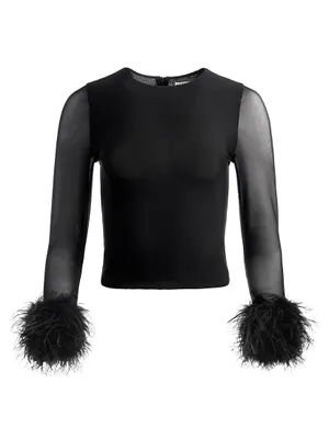 Delaina Mesh Feather-Cuff Top