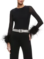 Delaina Mesh Feather-Cuff Top