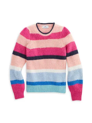 Little Girl's & Striped Puff-Sleeve Crewneck Sweater