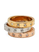 Tri-Tone Stainless Steel & Cubic Zirconia 3-Piece Ring Set