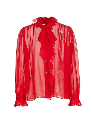 Ruffled Silk Button-Front Blouse