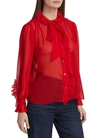 Ruffled Silk Button-Front Blouse