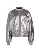 Padded Metallic Leather Bomber Jacket