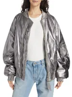 Padded Metallic Leather Bomber Jacket