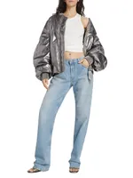 Padded Metallic Leather Bomber Jacket