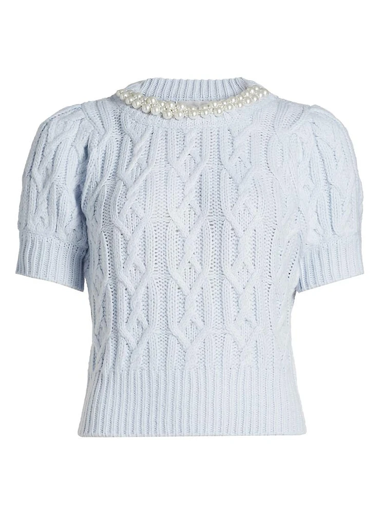 Faux Pearl Cable-Knit Short-Sleeve Sweater