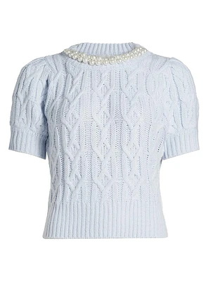 Faux Pearl Cable-Knit Short-Sleeve Sweater