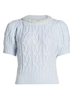 Faux Pearl Cable-Knit Short-Sleeve Sweater