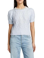 Faux Pearl Cable-Knit Short-Sleeve Sweater