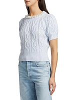 Faux Pearl Cable-Knit Short-Sleeve Sweater