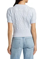 Faux Pearl Cable-Knit Short-Sleeve Sweater