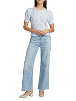 Faux Pearl Cable-Knit Short-Sleeve Sweater