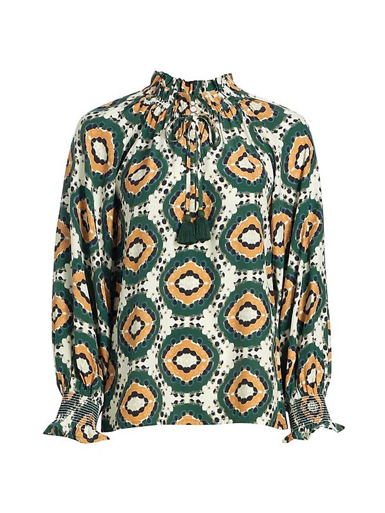 Lianna Geometric Silk Peasant Top