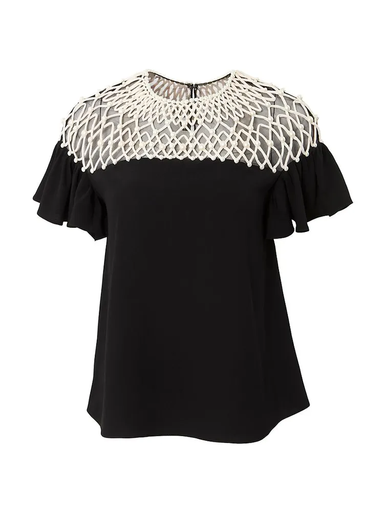 Chalet Beaded & Embroidered Flutter-Sleeve Blouse