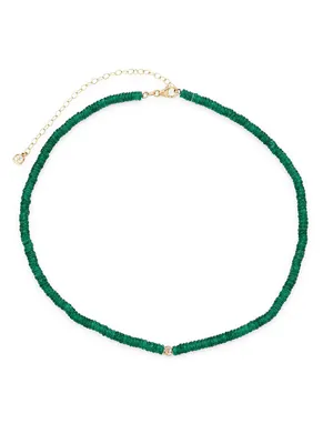 14K Yellow Gold, 0.17 TCW Diamond & Green Aventurine Wheel Bead Necklace