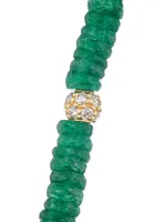 14K Yellow Gold, 0.17 TCW Diamond & Green Aventurine Wheel Bead Necklace
