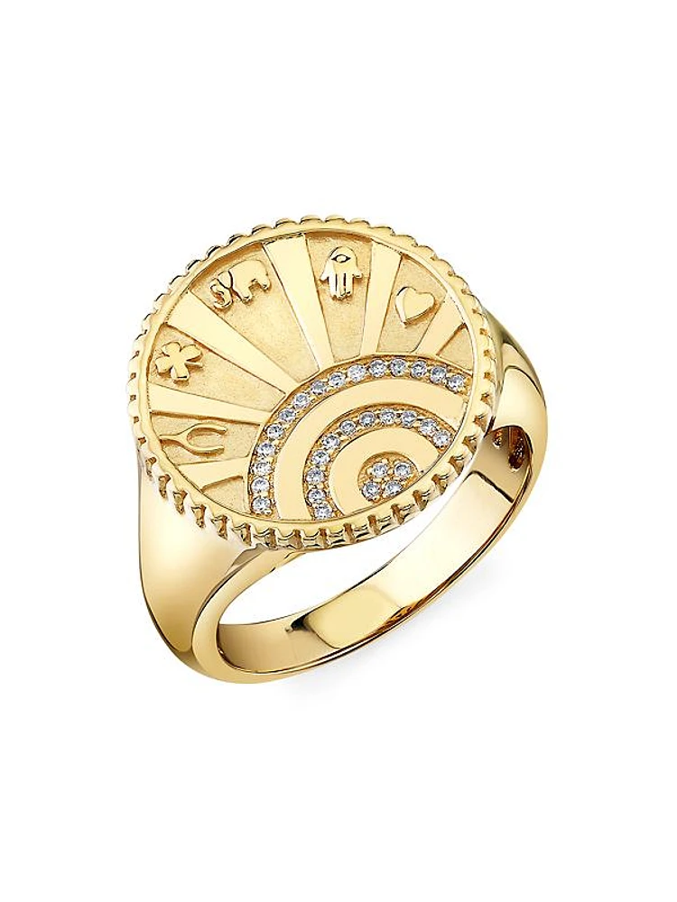 Lucky Coin 14K Yellow Gold & 0.09 TCW Diamond Signet Ring