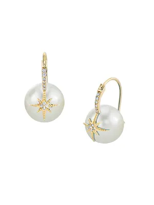 Starburst 14K Yellow Gold, 0.10 TCW Diamond & Pearl Bead Earrings
