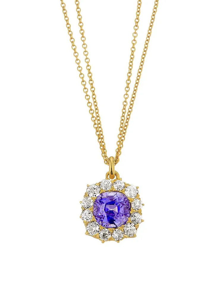 18K Yellow Gold, Ceylon Sapphire & 2 TCW Diamond Halo Pendant Necklace