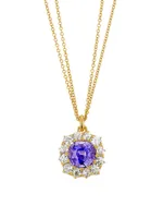 18K Yellow Gold, Ceylon Sapphire & 2 TCW Diamond Halo Pendant Necklace