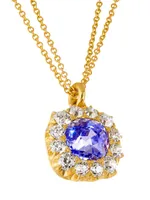 18K Yellow Gold, Ceylon Sapphire & 2 TCW Diamond Halo Pendant Necklace