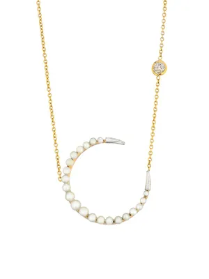 18K Yellow Gold, Natural Pearl & 0.2 TCW Diamond Crescent Moon Pendant Necklace