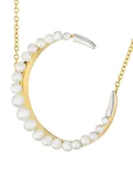 18K Yellow Gold, Natural Pearl & 0.2 TCW Diamond Crescent Moon Pendant Necklace
