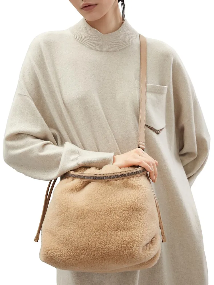 Fleecy Virgin Wool And Cashmere Bucket Bag With Monili