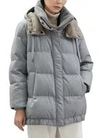 Virgin Wool Flannel Down Jacket With Detachable Hood And Shiny Trim