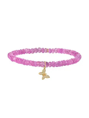 14K Yellow Gold, Pink Sapphire & 0.05 TCW Diamond Beaded Butterfly Stretch Bracelet