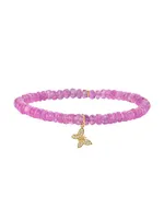 14K Yellow Gold, Pink Sapphire & 0.05 TCW Diamond Beaded Butterfly Stretch Bracelet