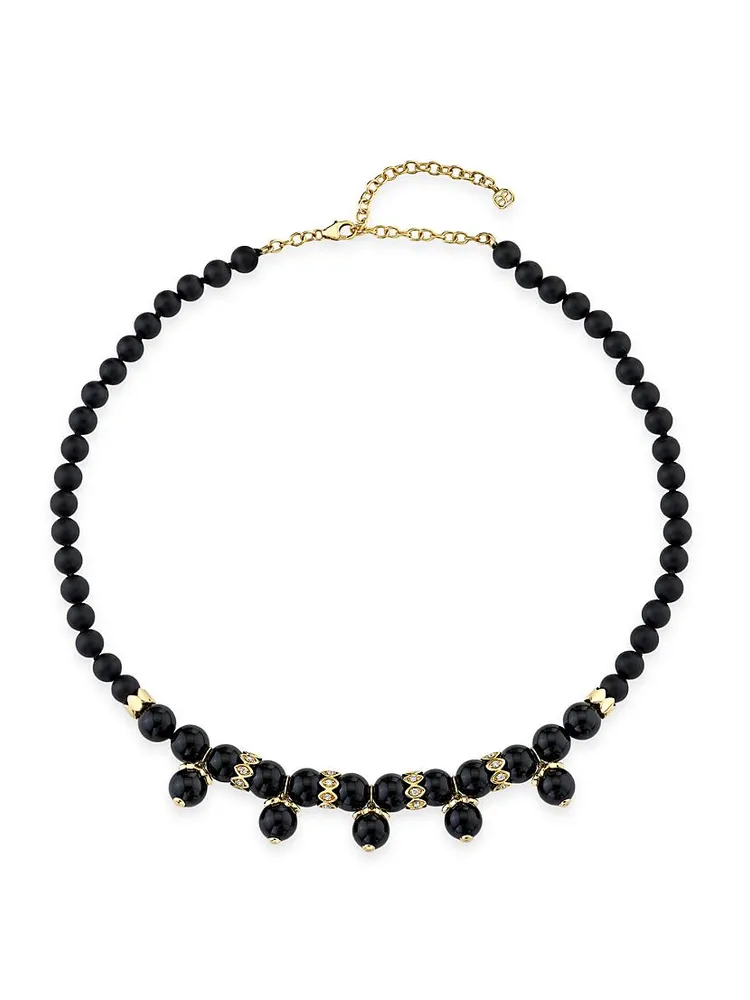 14K Yellow Gold, Onyx & 0.16 TCW Diamond Beaded Necklace