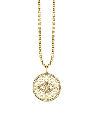 14K Yellow Gold & 0.31 TCW Diamond Evil Eye Lattice Disc Pendant Necklace