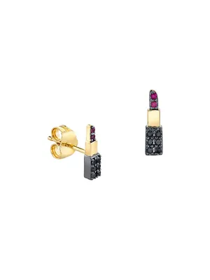 14K Yellow Gold, 0.07 TCW Diamond & Ruby Lipstick Stud Earring