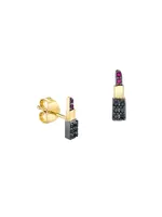 14K Yellow Gold, 0.07 TCW Diamond & Ruby Lipstick Stud Earring