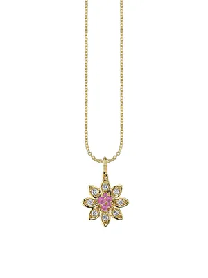 14K Yellow Gold, 0.13 TCW Diamond & Pink Sapphire Flower Pendant Necklace